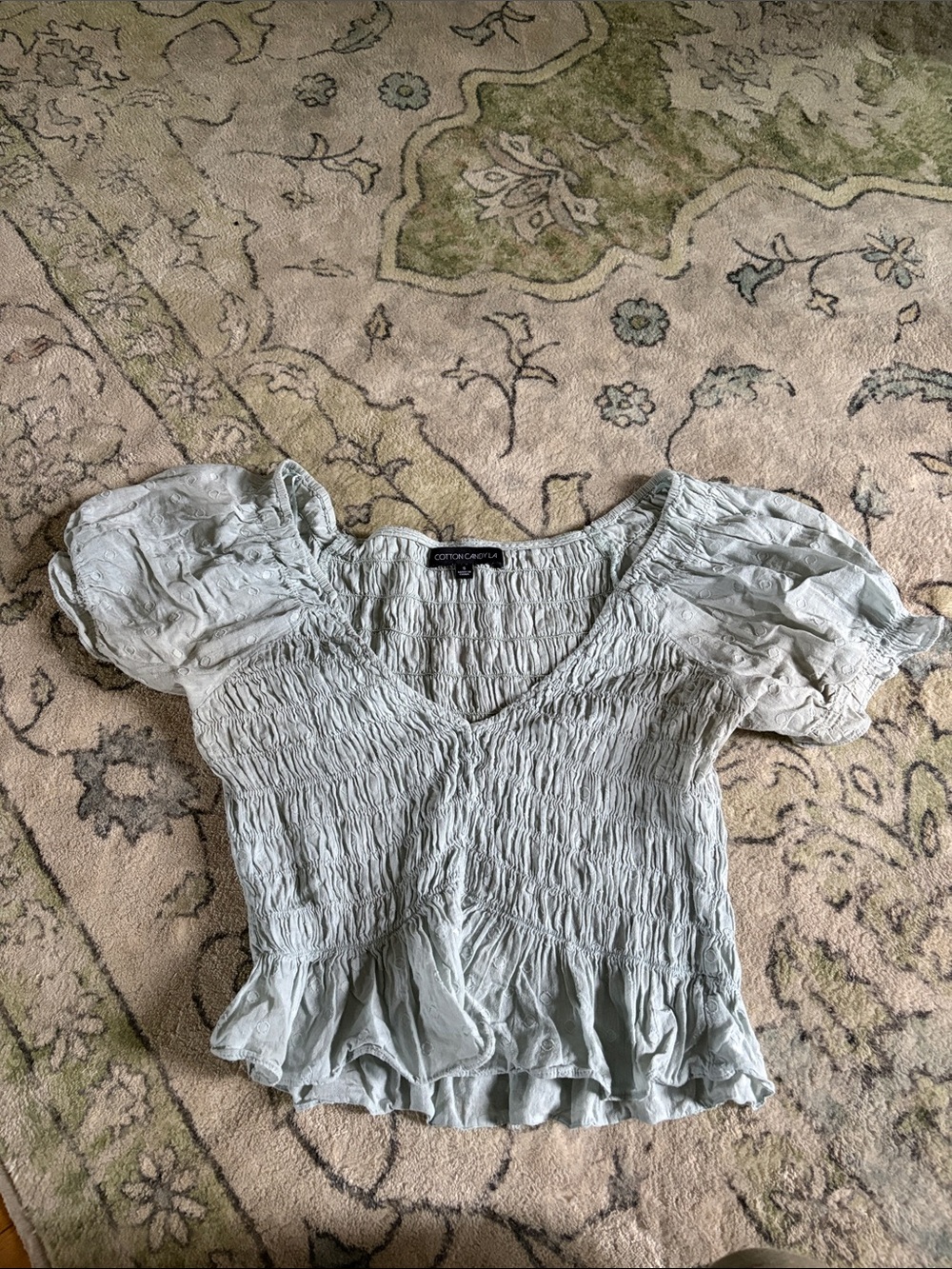 Cotton Candy Light Sage Smocked Puff-Sleeve Crop Top